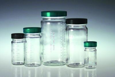 Bottle Beakers® Graduated Medium Round Bottles, Vacuum and Ionized, Clear, Wide Mouth, Qorpak®