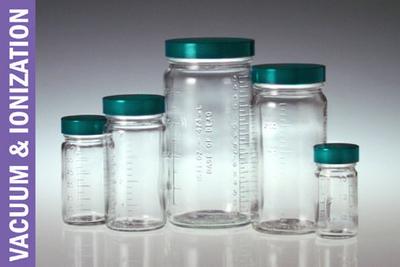 Bottle Beakers® Graduated Medium Round Bottles, Vacuum and Ionized, Clear, Wide Mouth, Qorpak®