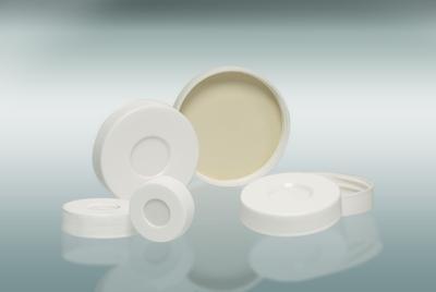 White Polypropylene Hole Caps, Bonded PTFE/Silicone Septa, Qorpak®