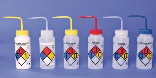 SCIENCEWARE® 4-Color Wash Bottles, Right-to-Know, Safety-Vented™ and Safety-Labeled, Wide Mouth, Bel-Art