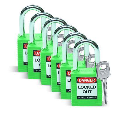 SFTY PADLOCK 1.5IN KD GRN PK6